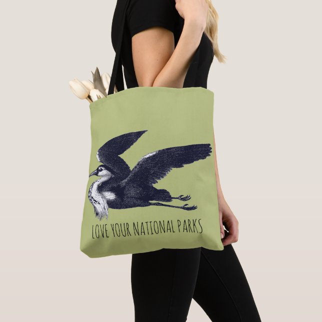 Love Your National Parks Grey Heron Tote Bag (Close Up)