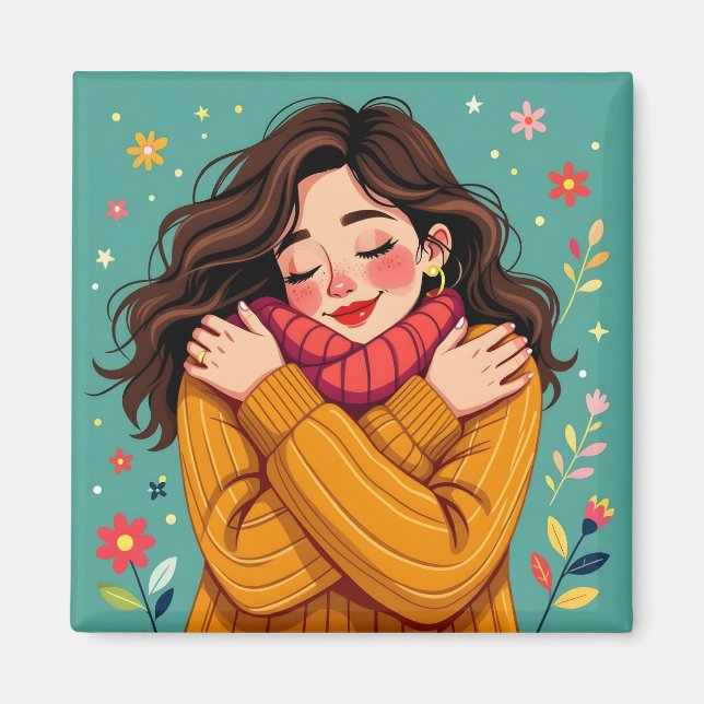 Love Yourself | Girl Hugging Herself Magnet (Front)