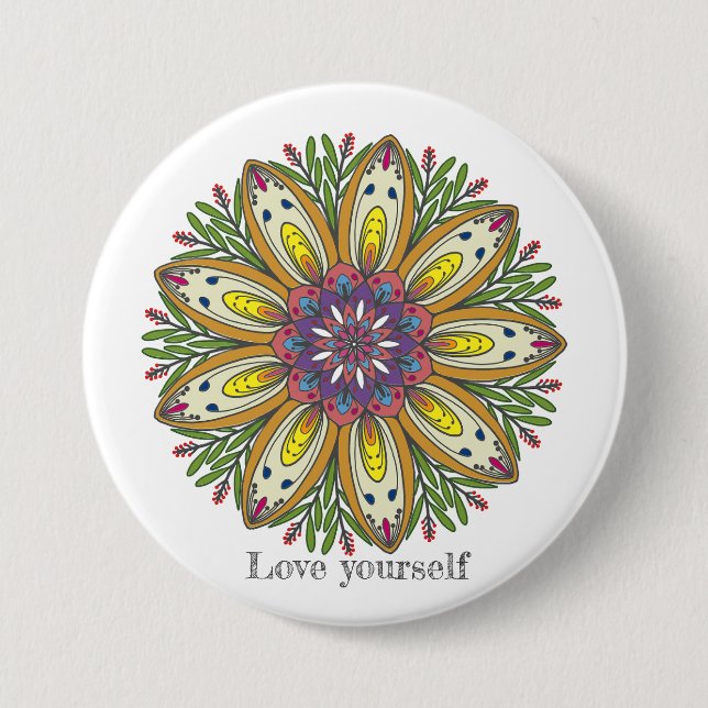 Love yourself mandala flowers 7.5 cm round badge (Front)