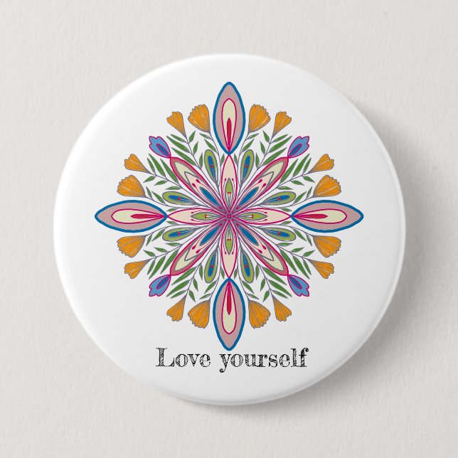 Love yourself mandala flowers 7.5 cm round badge (Front)
