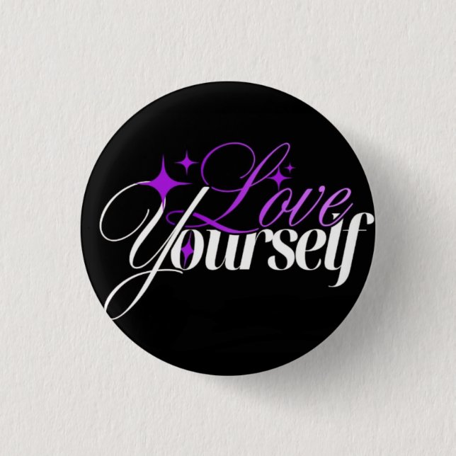Love Yourself Purple & White Script Button (Front)