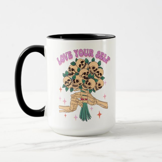 Love Yourself Skull Bouquet Valentine Retro Pink Mug (Left)