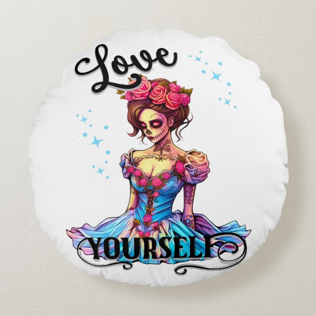 Love Yourself Sugar Skull Round Cushion (Front)