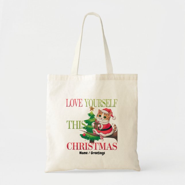  Love Yourself This Christmas Cute Cat Holiday Tote Bag (Front)