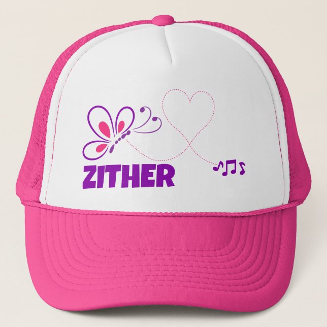 Love Zither Pink Purple Butterfly Heart Trucker Hat (Front)
