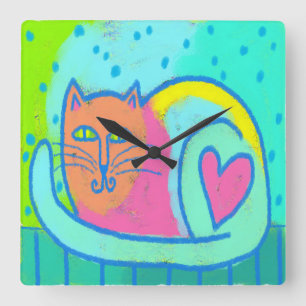 Loveable Cat Abstract Art Square Wall Clock