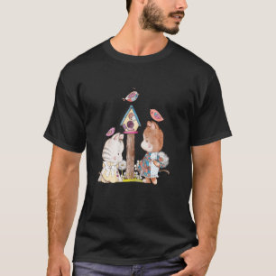 Loveable Cats with Birds in Vintage Patchwork T-Shirt