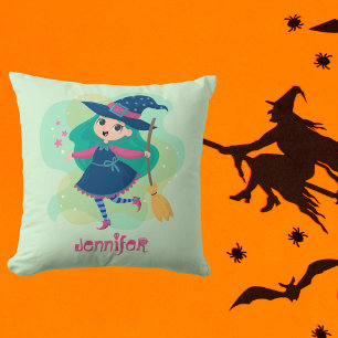 Loveable Halloween Witch with Broom and Stars Cushion