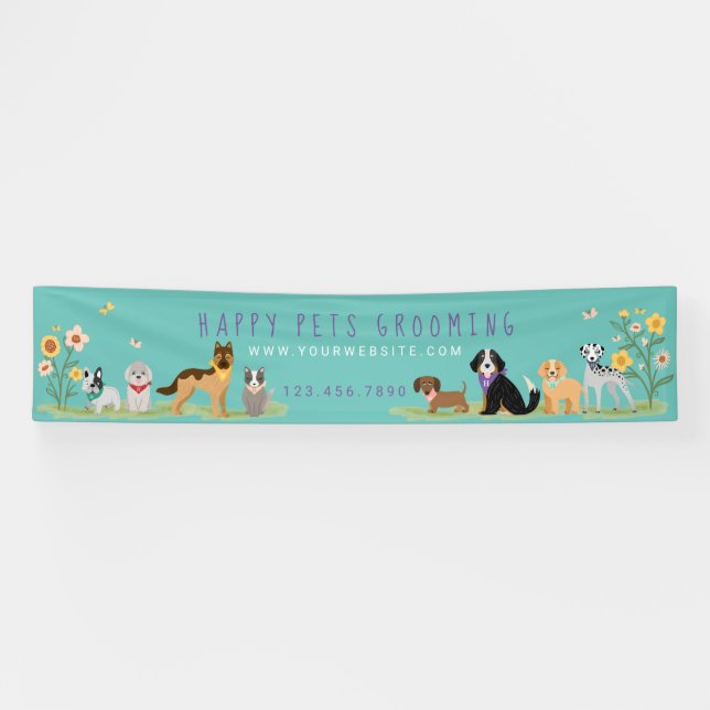 Loveable Happy Pet Family Pet Care, Grooming Teal Banner (Horizontal)