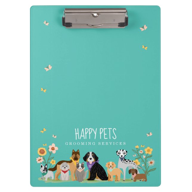 Loveable Happy Pet Family Pet Care & Grooming Teal Clipboard (Front)