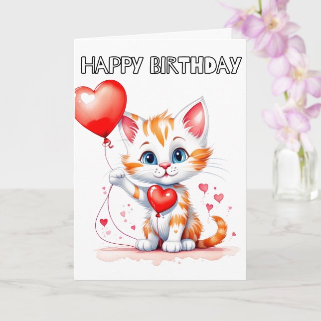 Loveable Little Kitty Cat Happy Birthday Card (Orchid)