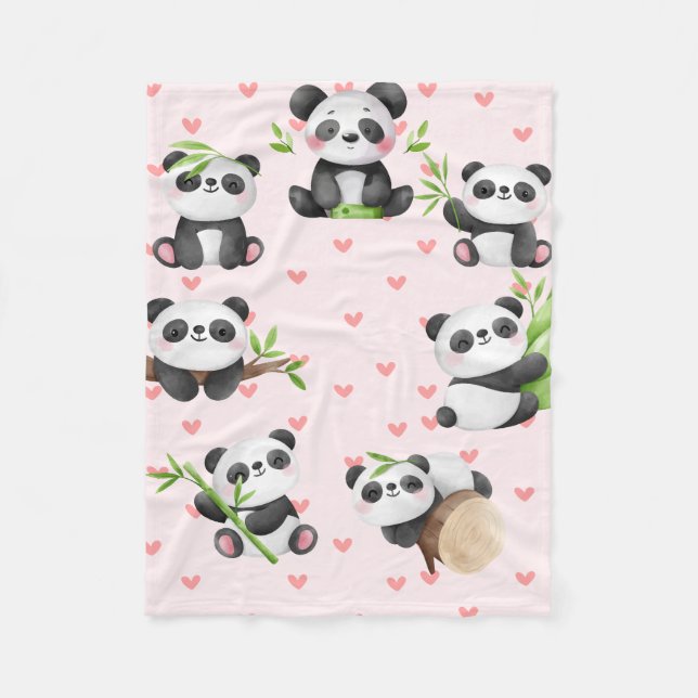 Loveable Pandas & Heart Pattern Fleece Blanket (Front)