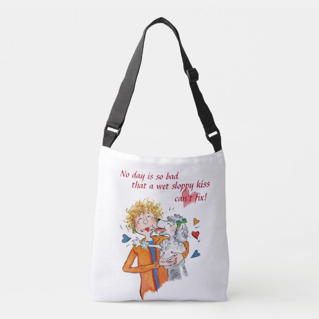 Loveable poodle licks our Woman in Red Crossbody Bag (Front)