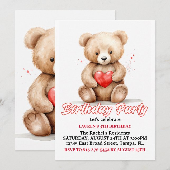 Loveable Teddy Bear Birthday Party Invitation (Front/Back)