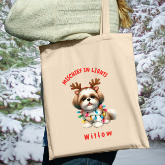 Loveable Watercolor Shih Tzu Christmas Lights Dog Tote Bag