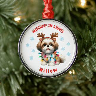 Loveable Watercolor Shih Tzu Festive Snowflakes Do Metal Tree Decoration