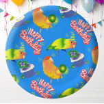 Lovebird Birthday Celebration Bird Themed Party Paper Plate<br><div class="desc">A bright blue background makes the vibrant colours of these little lovebird parrots pop! The fun and colourful birthday plates are perfect for bird themed parties for pet bird and small animal lovers.</div>