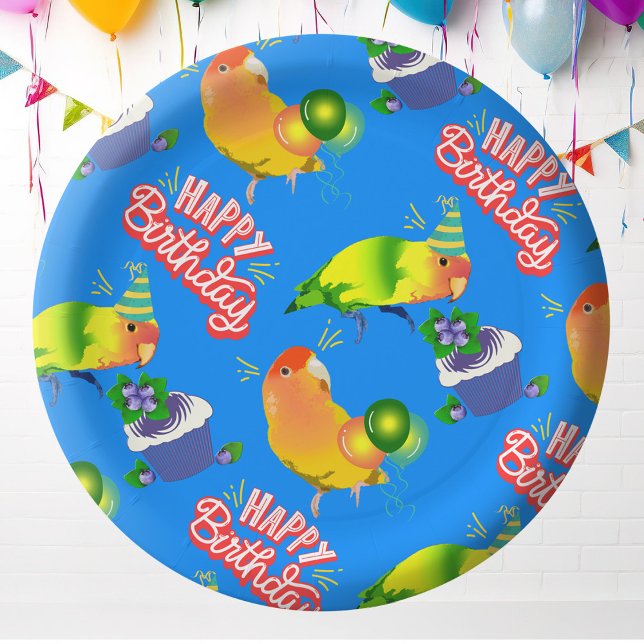 Lovebird Birthday Celebration Bird Themed Party Paper Plate (Pet lovebird parrot birthday party plates)