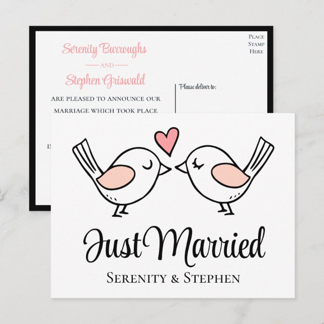 Lovebird Black Love Birds Just Married Wedding Announcement Postcard (Front/Back)