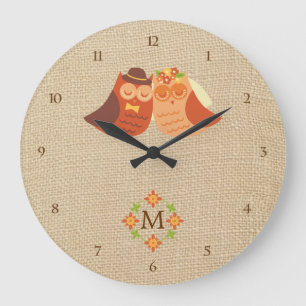 Lovebird Owls on Burlap Monogram Clock