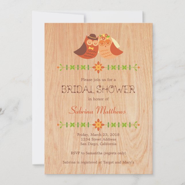 Lovebird Owls on Wood Bridal Shower Invitation (Front)