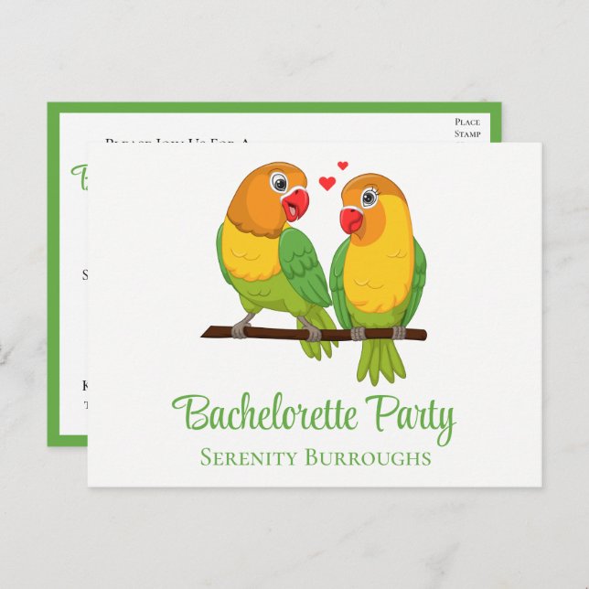Lovebird Yellow Green Love Birds Bachelorette  Invitation Postcard (Front/Back)