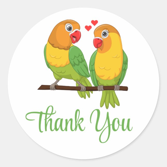 Lovebird Yellow Green Love Birds Wedding Thank you Classic Round Sticker (Front)