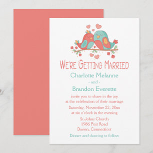 Lovebirds Blue Green Turquoise Pink Wedding Invitation