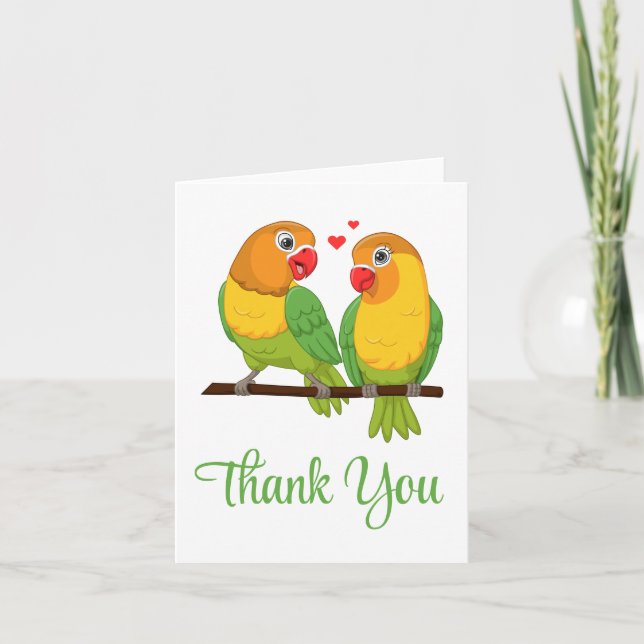Lovebirds Cartoon Green Yellow Love Birds Wedding Thank You Card (Front)