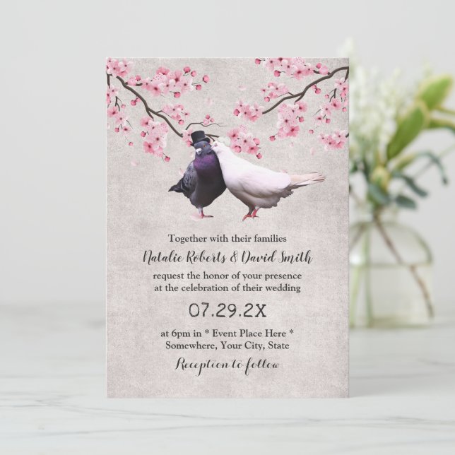 Lovebirds & Cherry Blossom Vintage Floral Wedding Invitation (Standing Front)