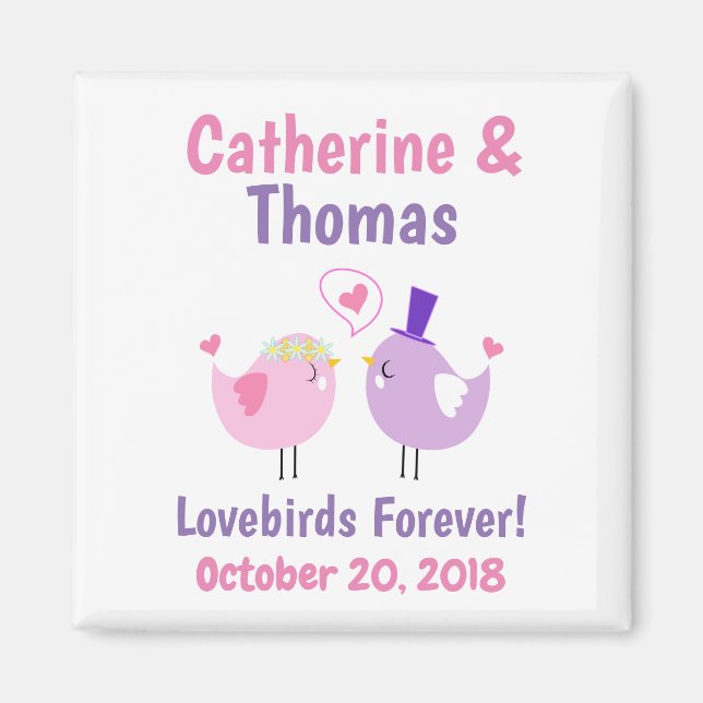 Lovebirds Cute Pink Purple Wedding Favour Magnet (Front)