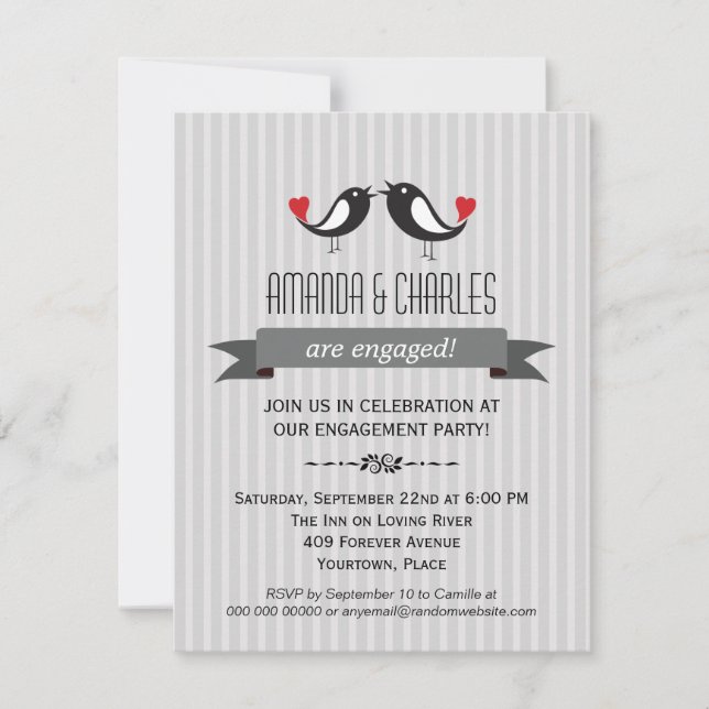 Lovebirds  Grey Engagement Party Invitation (Front)