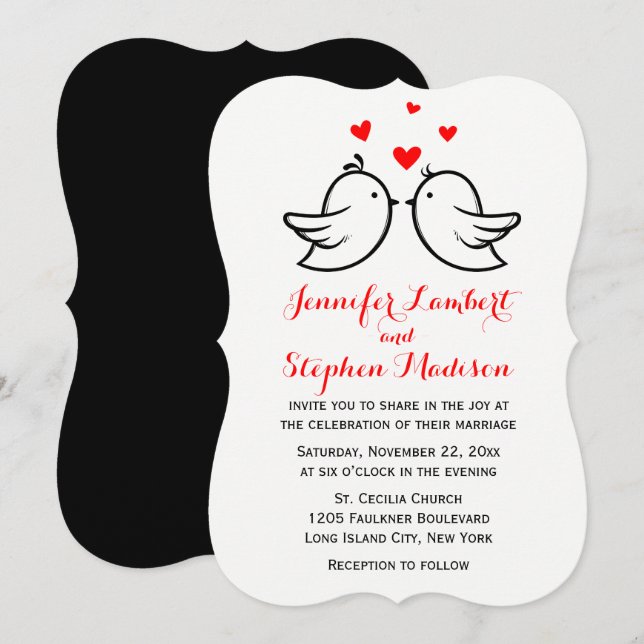 Lovebirds & Hearts Red And Black Wedding Invitation (Front/Back)