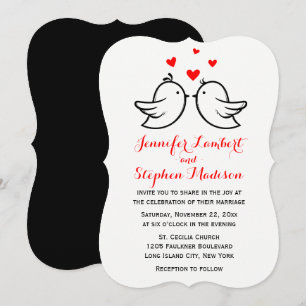 Lovebirds & Hearts Red And Black Wedding Invitation