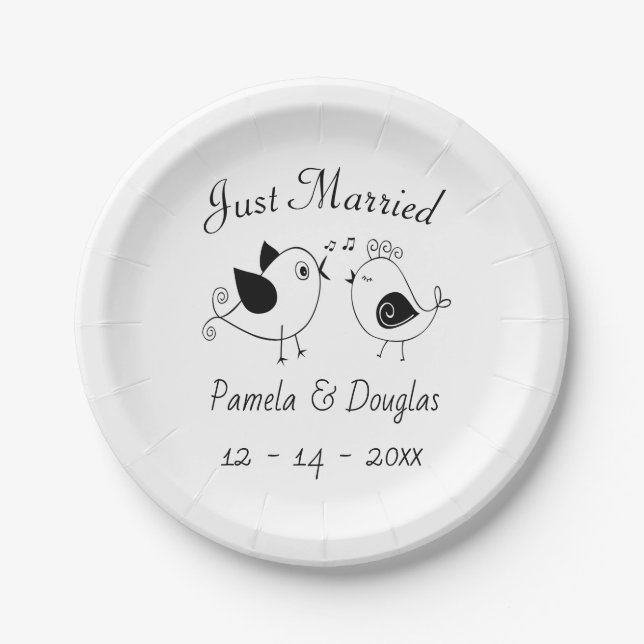 Lovebirds Just Married Black White Wedding Birds Paper Plate (Front)