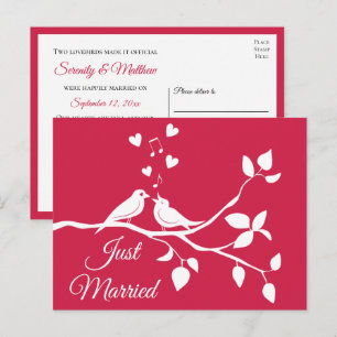 Lovebirds Just Married Red Romantic Wedding Announcement Postcard