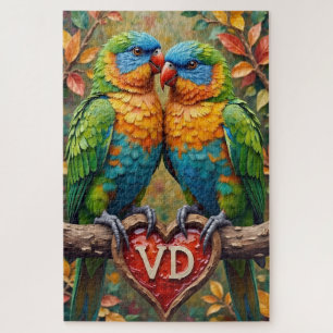 Lovebirds Nuzzling on Carved Valentine's Branch Jigsaw Puzzle
