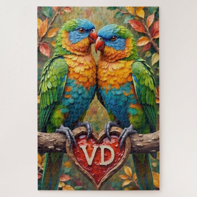Lovebirds Nuzzling on Carved Valentine's Branch Jigsaw Puzzle (Vertical)