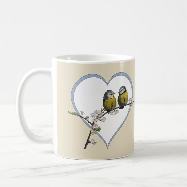 Lovebirds on a cherry blossom branch heart beige coffee mug (Left)