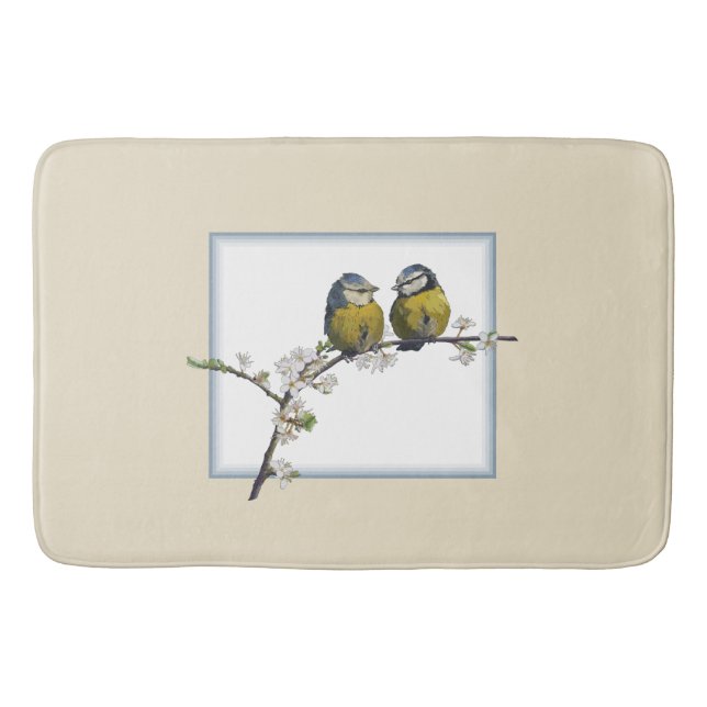 Lovebirds on a cherry blossom branch square beige bath mat (Front)