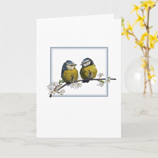 Lovebirds on a cherry blossom branch square white card (Yellow Flower)
