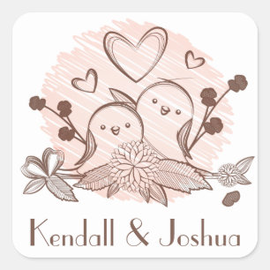 Lovebirds Pink And Brown Personalised Wedding Square Sticker