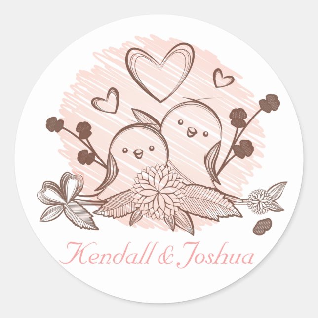Lovebirds Pink And Brown Wedding Bridal Shower Classic Round Sticker (Front)