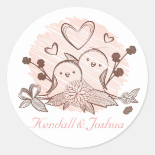 Lovebirds Pink And Brown Wedding Bridal Shower Classic Round Sticker