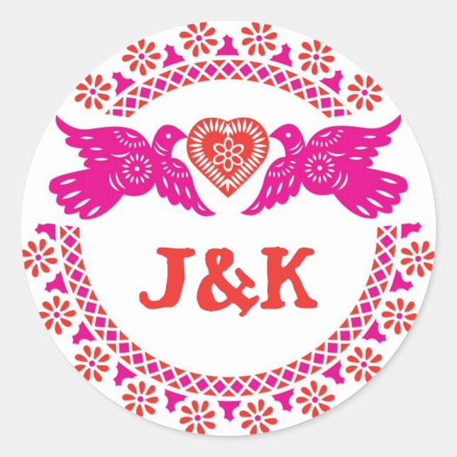 Lovebirds pink and red round sticker (Front)