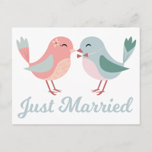 Lovebirds Pink & Blue Just Married Wedding Announcement Postcard