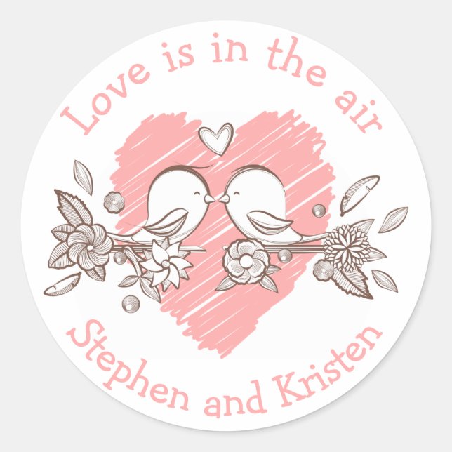 Lovebirds Pink Heart Wedding Personalised Love Classic Round Sticker (Front)