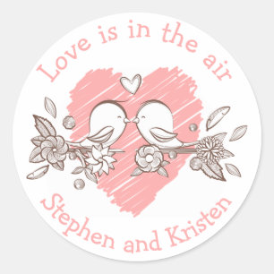 Lovebirds Pink Heart Wedding Personalised Love Classic Round Sticker