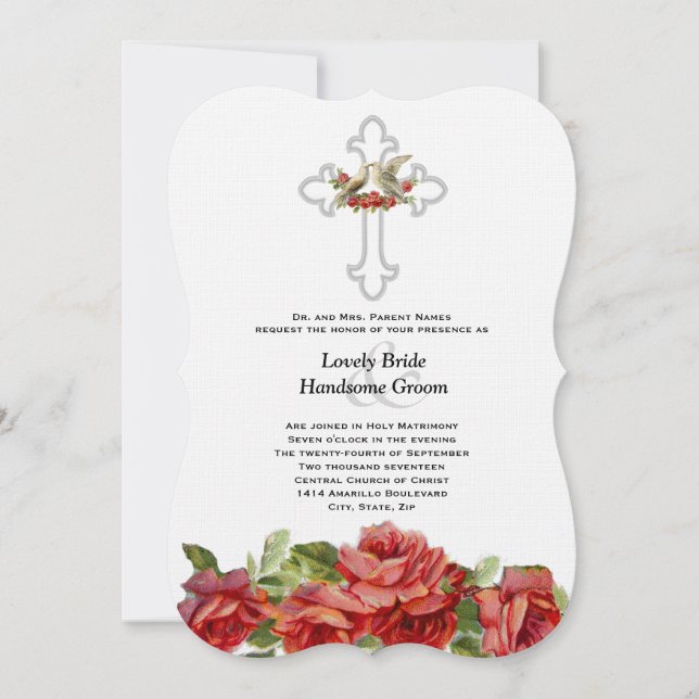 Lovebirds Red Roses Christian Wedding Invitation (Front)