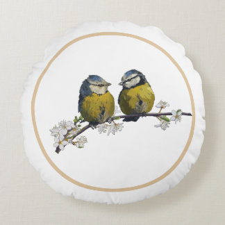 Lovebirds sitting on a cherry blossom branch round cushion